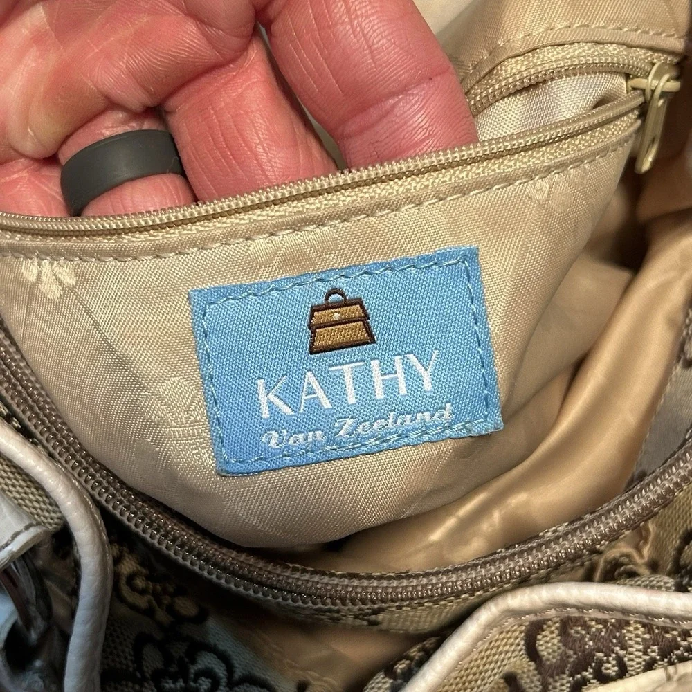 Kathy Van Zeeland Gold Metallic‎ Shopper Tan Floral Purse Handbag w/ Keychain